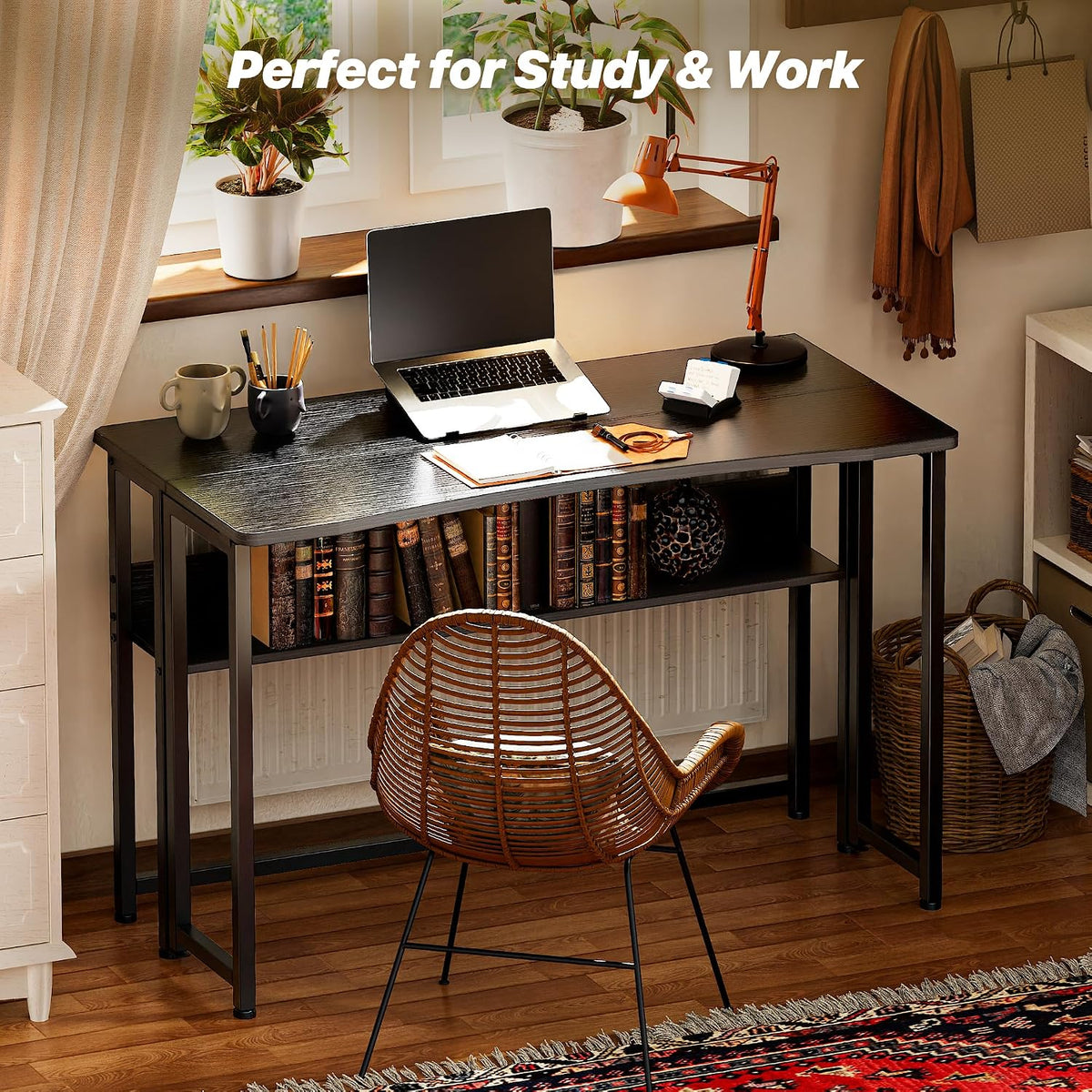 Huuger Folding Desk with Storage Shelf, 39.3 Inch Foldable Computer Table