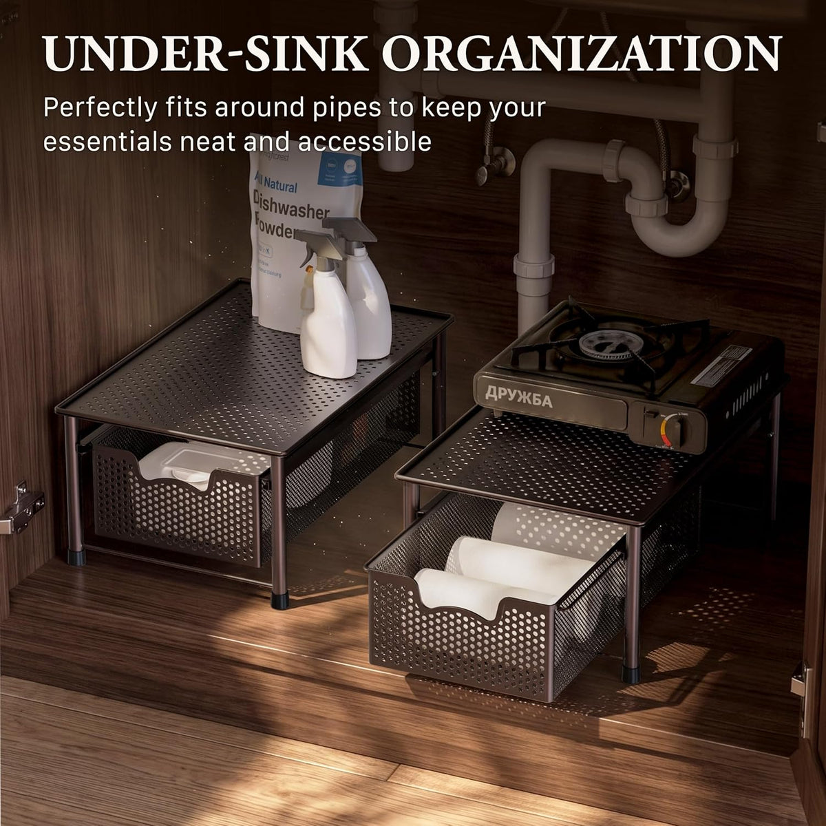 Simple Houseware Stackable Cabinet Basket Drawer Organizer, Bronze