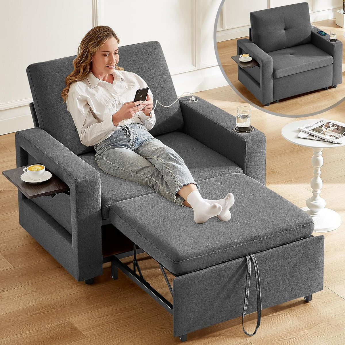 WEUP 42.5" Sleeper Chair Bed, 3-in-1 Convertible Reclining Sofa Chair wi...