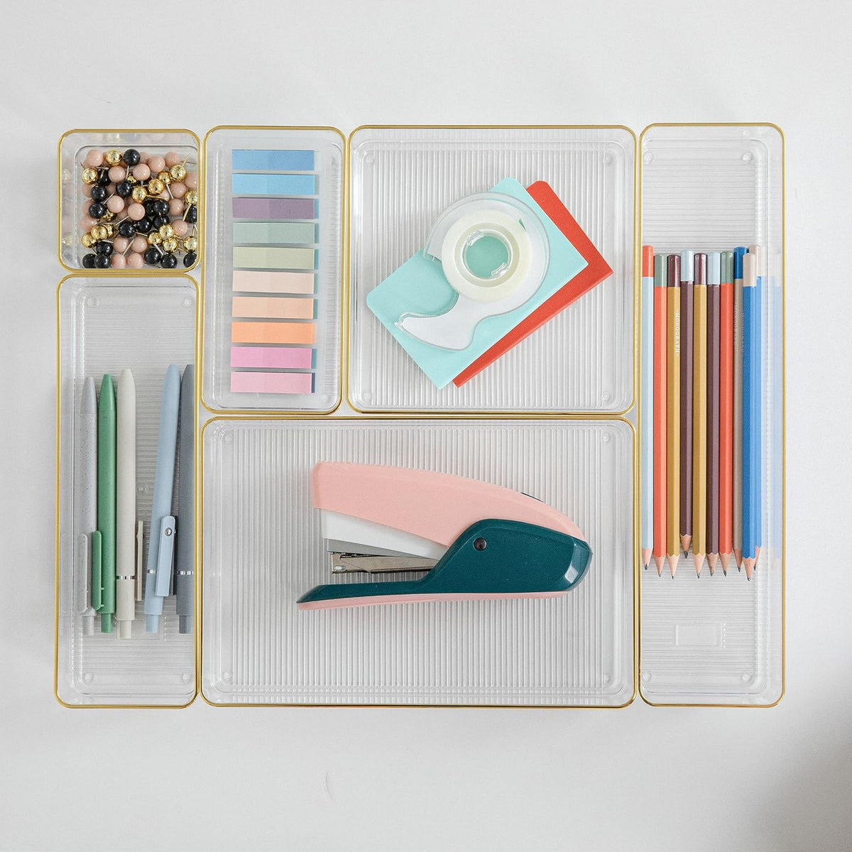 Martha Stewart Kerry Stackable Desk Drawer Organizers, Clear/Gold, 6-Pack