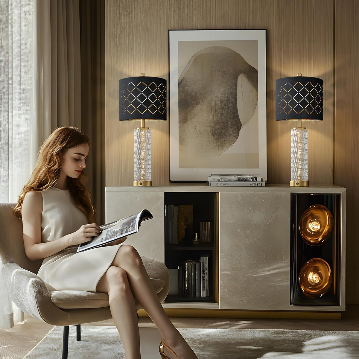 Oneach 27.75" Gold Black Table Lamps Set of 2 with Nightlight for Bedside