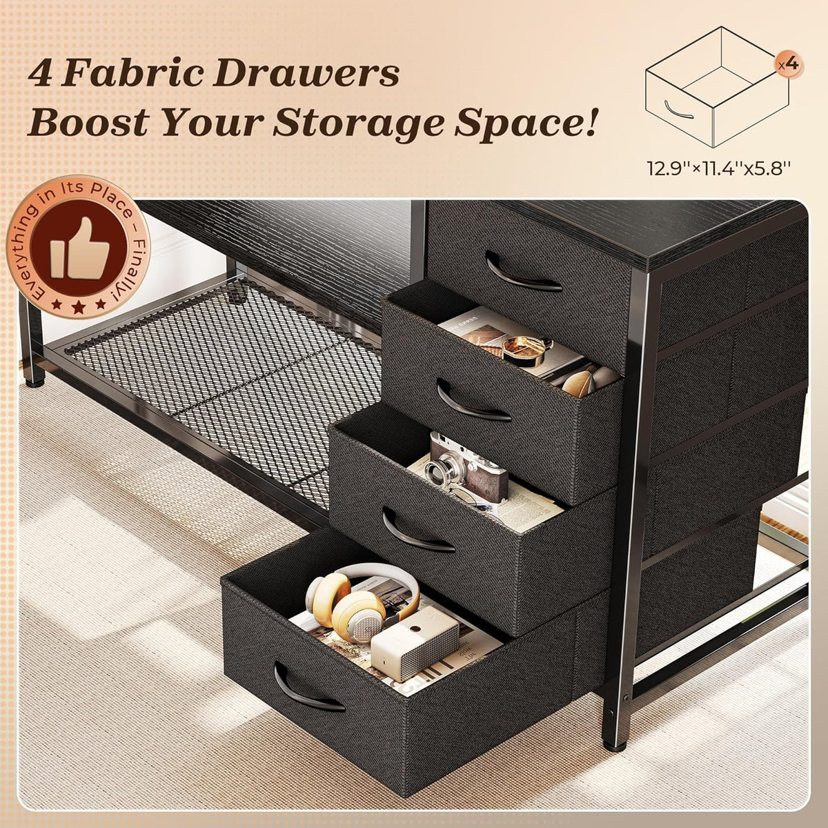 PRAISUN 61" L Shaped Desk with Power Outlets & 4 Drawers