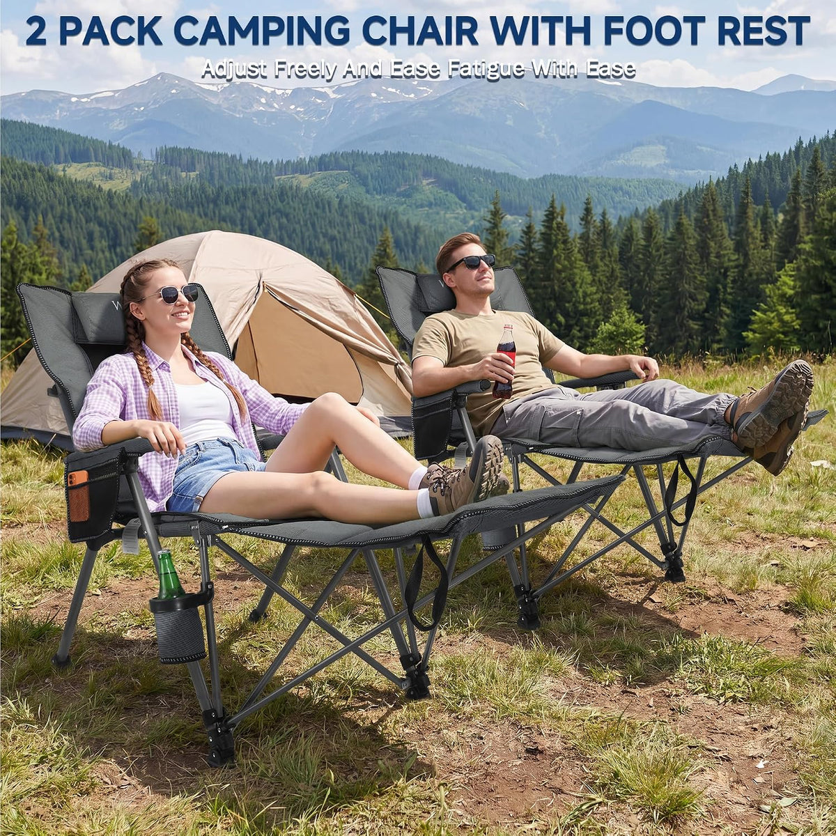 2 Pack Reclining Camping Chairs with Footrest and Pillow, 5 Position Adjustab...