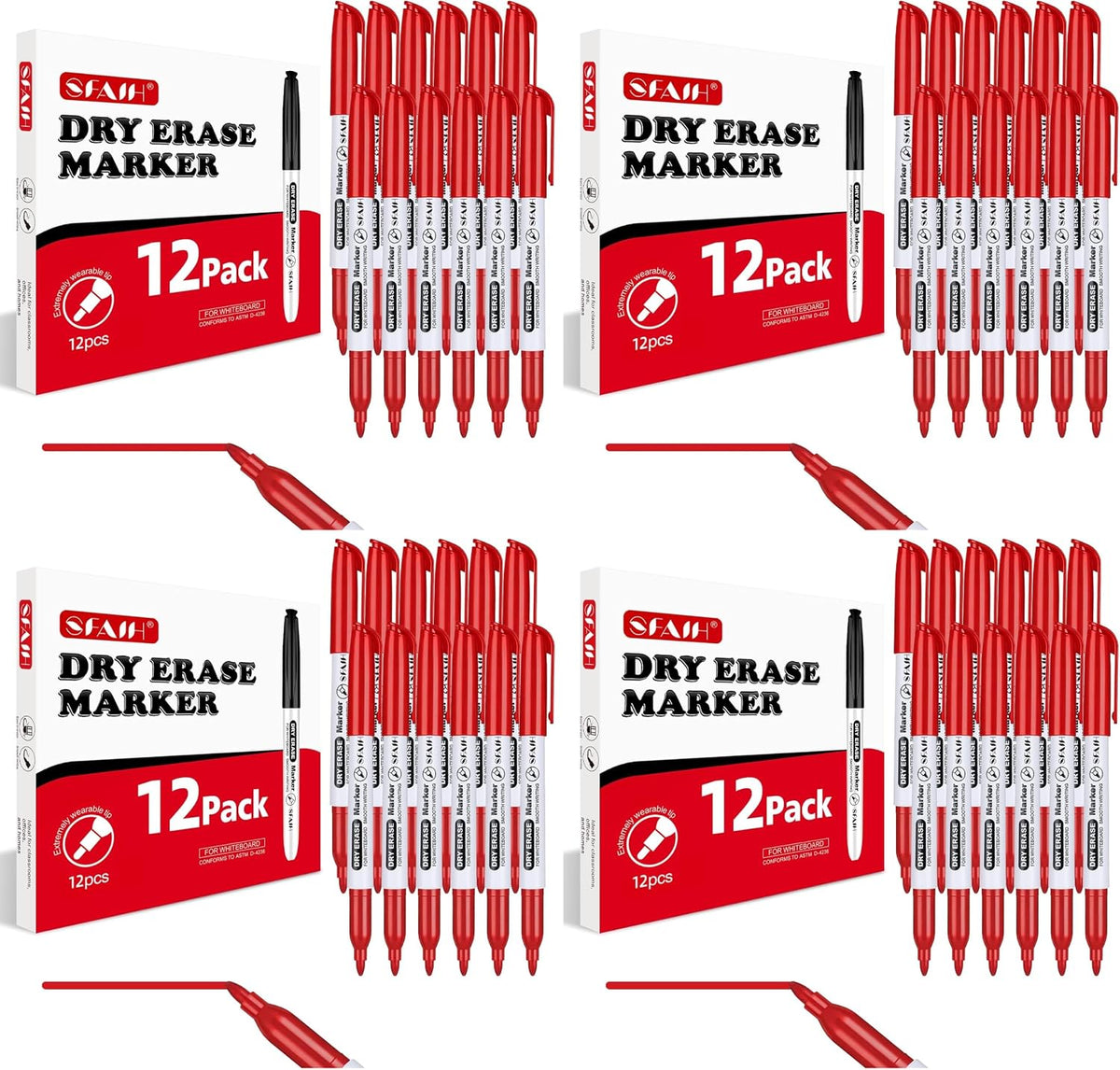 SFAIH Red Dry Erase Markers Fine Tip, 48 Pack, 1-2mm Line, Low Odor