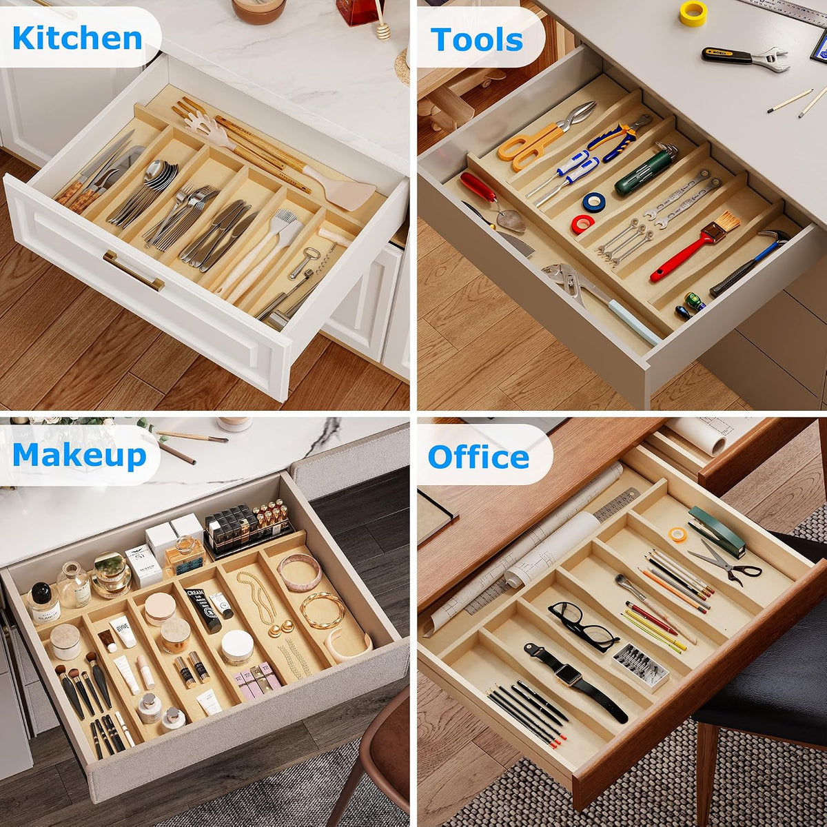 WelFurGeer Solid Birch Wood Silverware Drawer Organizer, Wooden Cutlery Drawe...