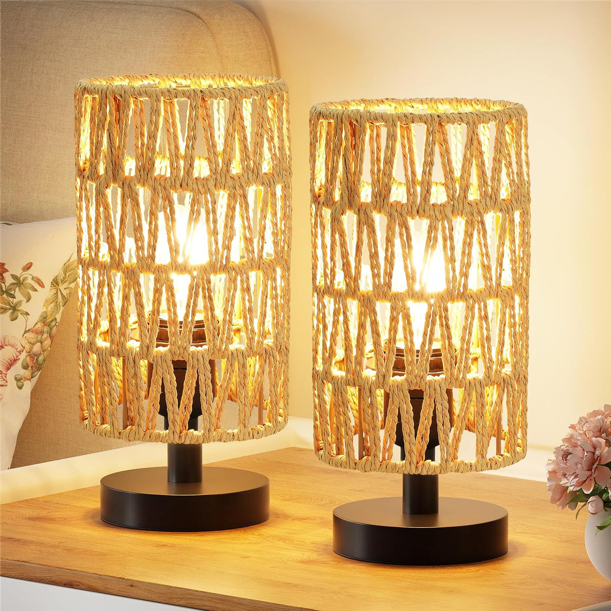 Table Lamps Set of 2 (Rattan Rope Shade - Black Base, 9" Inline Control)