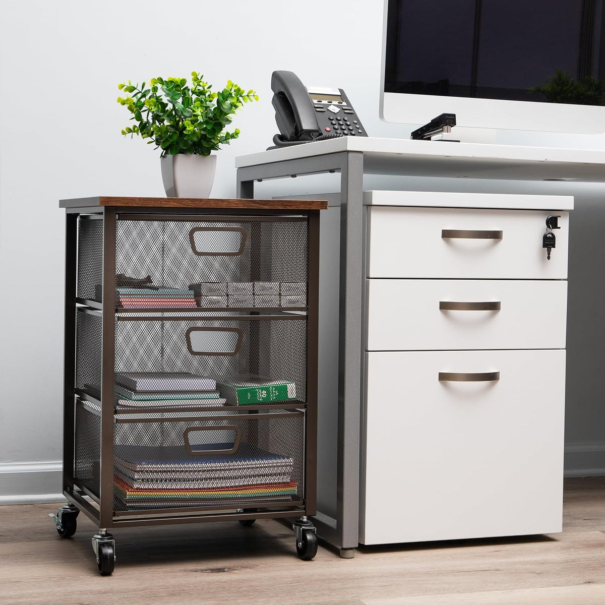 Mind Reader 3 Drawer Storage Organizer with Wood Top, Rolling Office Organize...