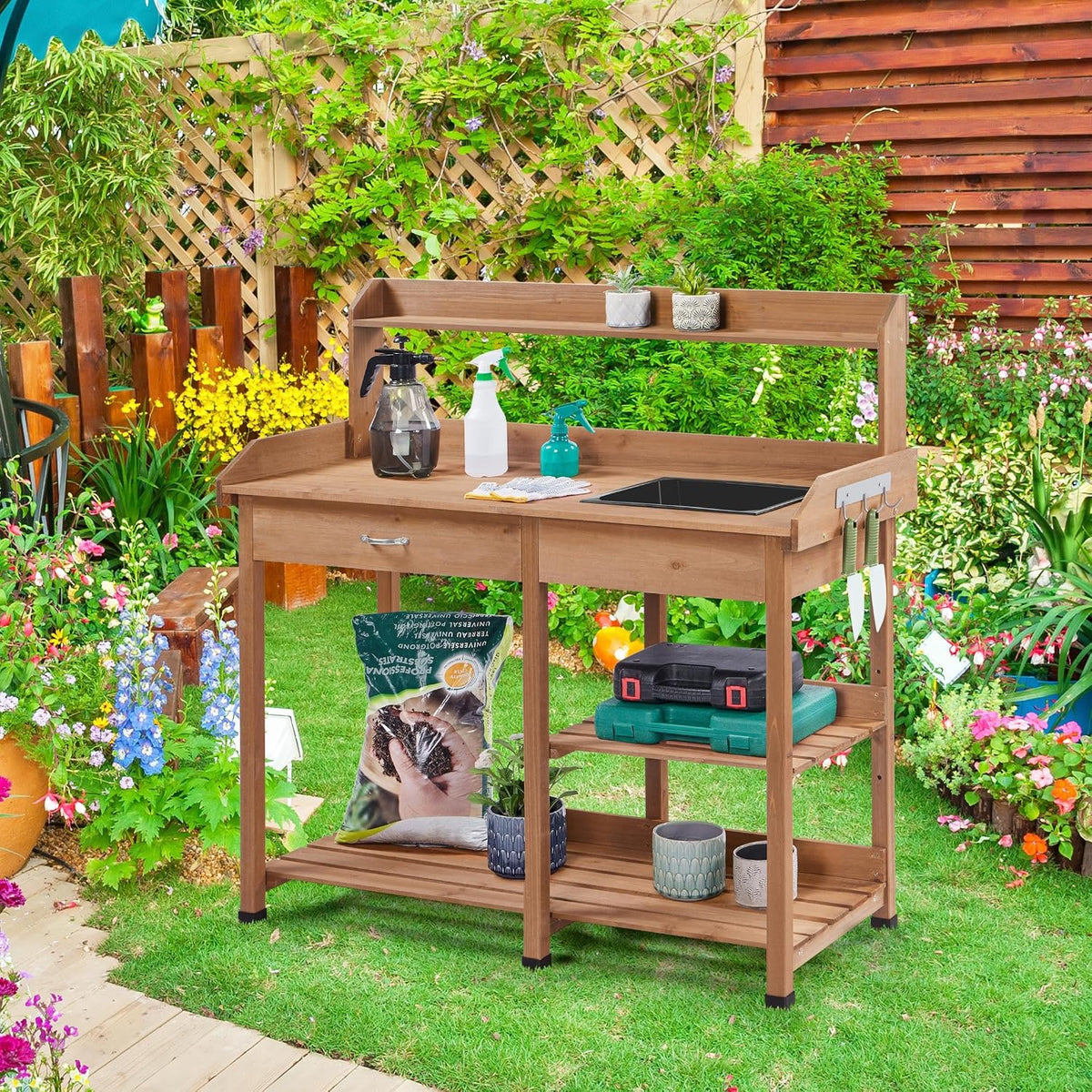 Yaheetech Potting Bench with Sink & Drawer, Outdoor Gardening Table, Brown