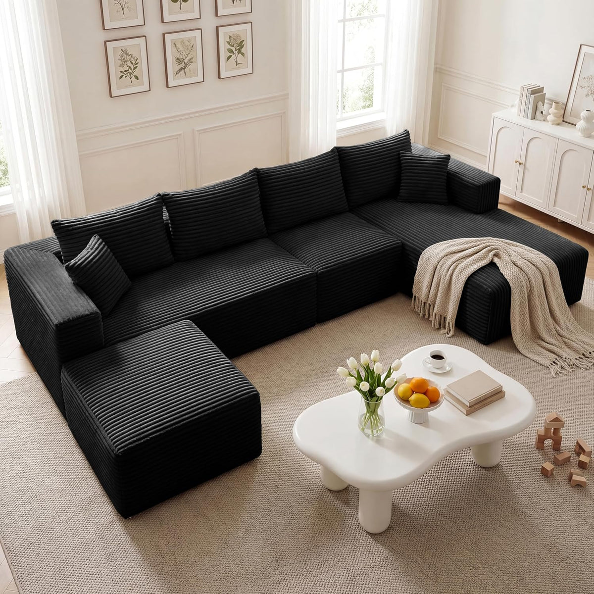 27.56'' Plush Fluffy Corduroy Poofy Ottoman in a Box for Boneless Sof...