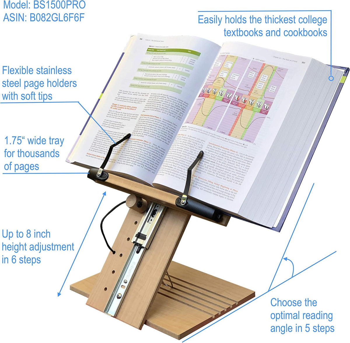 BS1500PRO Large Portable Height Adjustable Foldable Eye-Level Ergonomic Books...