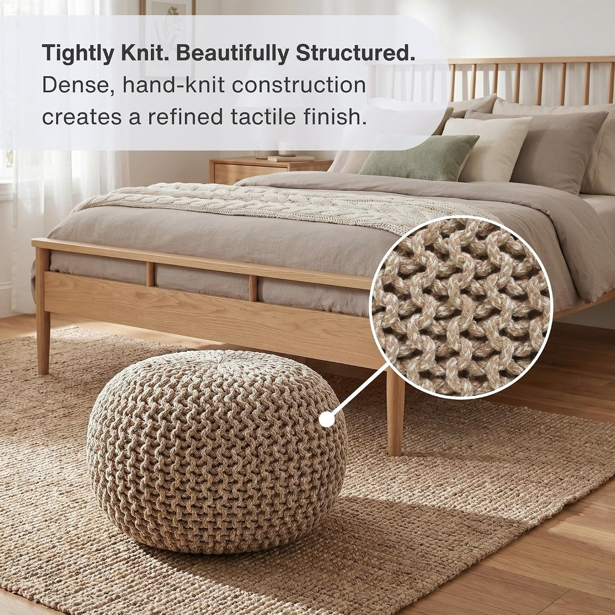· REDEARTH · Round Pouf Ottoman - Hand Knitted Boho Poof - Beige Ivory