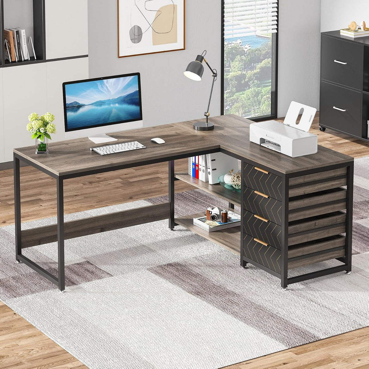 Tribesigns L Shaped Computer Desk with Storage Drawers, 59 inch Corner Desk w...