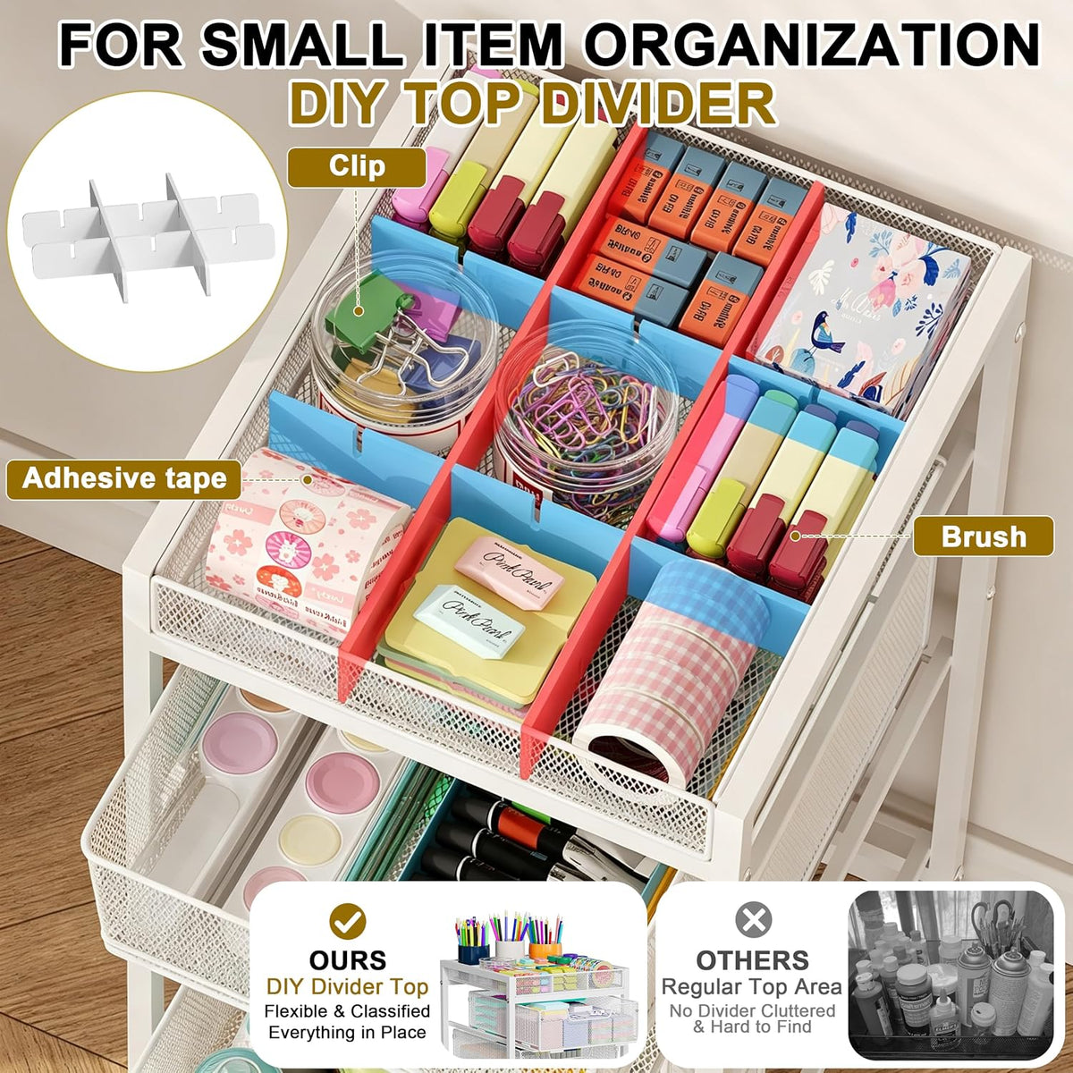 Rolling Utility Cart with 3 Drawers, Craft Organizer and Storage with DIY Div...