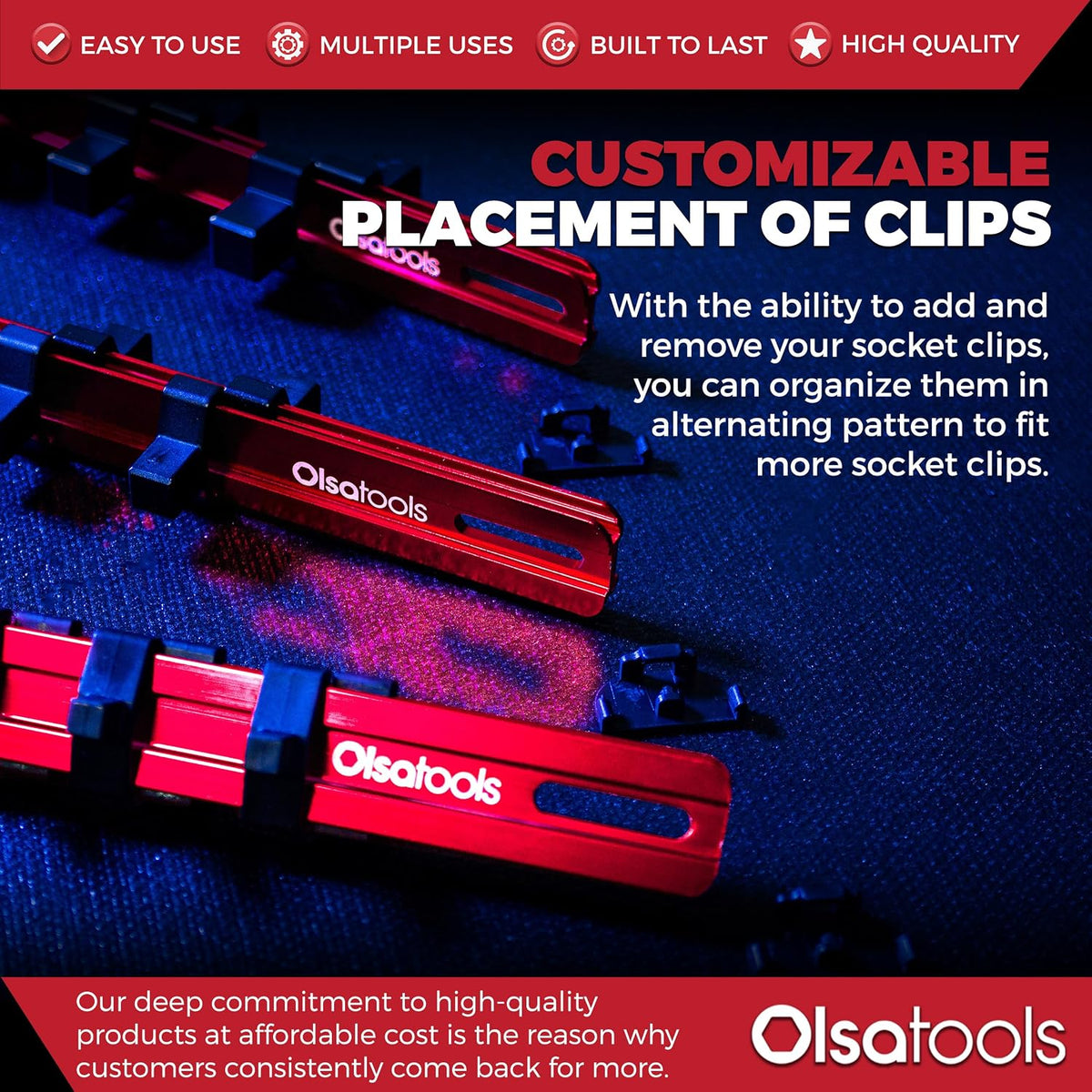 Olsa Tools 3-sets Socket Organizer Rail with Locking Caps, Red