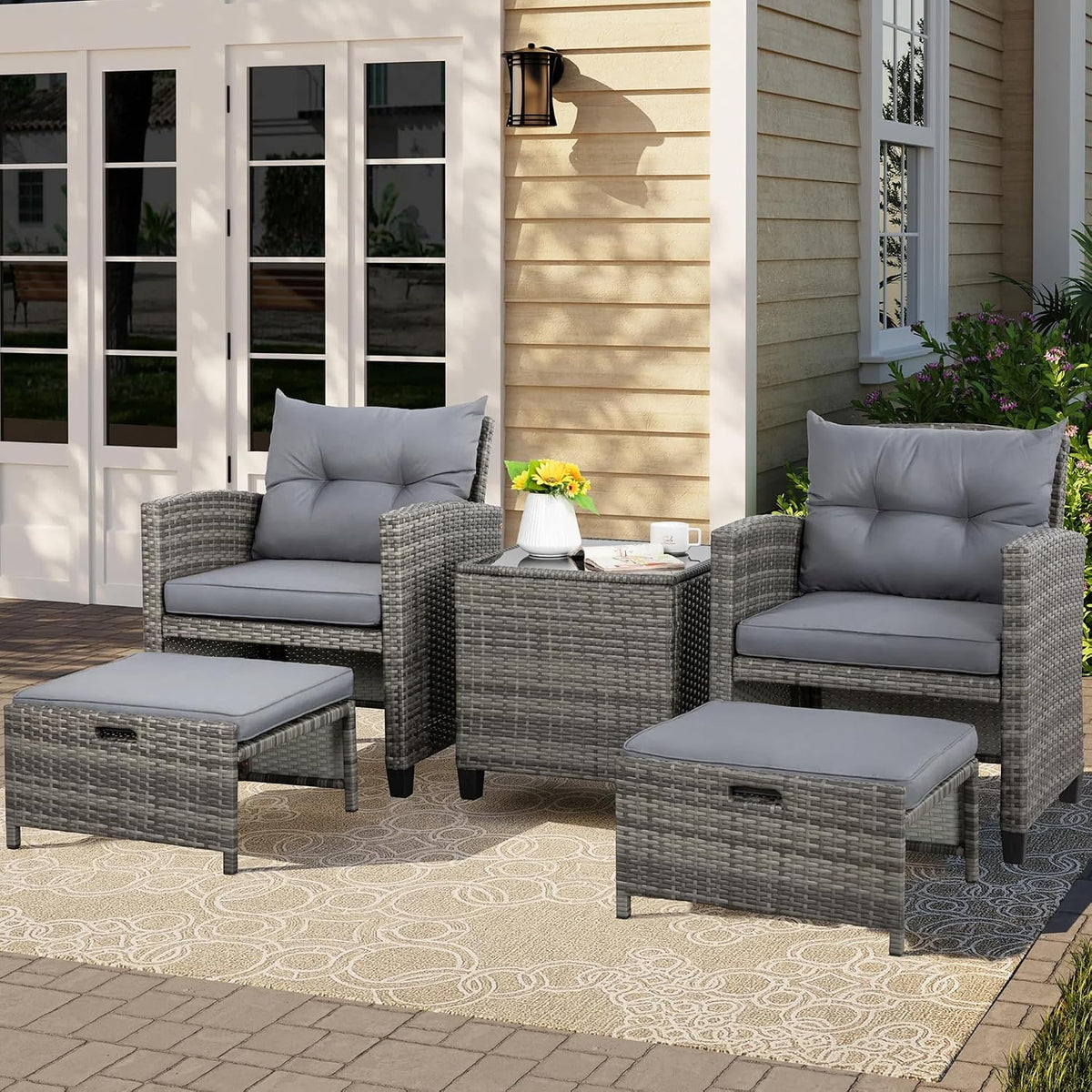 Vongrasig 5 Piece Patio Furniture Set, Small Balcony Furniture, PE Wicker Rat...