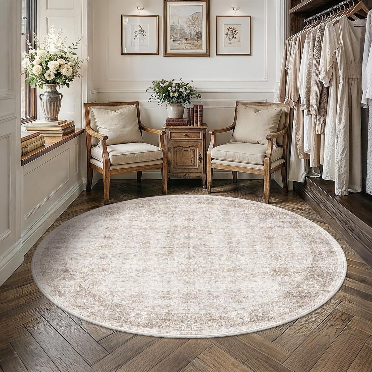 Round Rug 6ft Neutral Vintage Washable Circle Rug for Entryway Kitchen