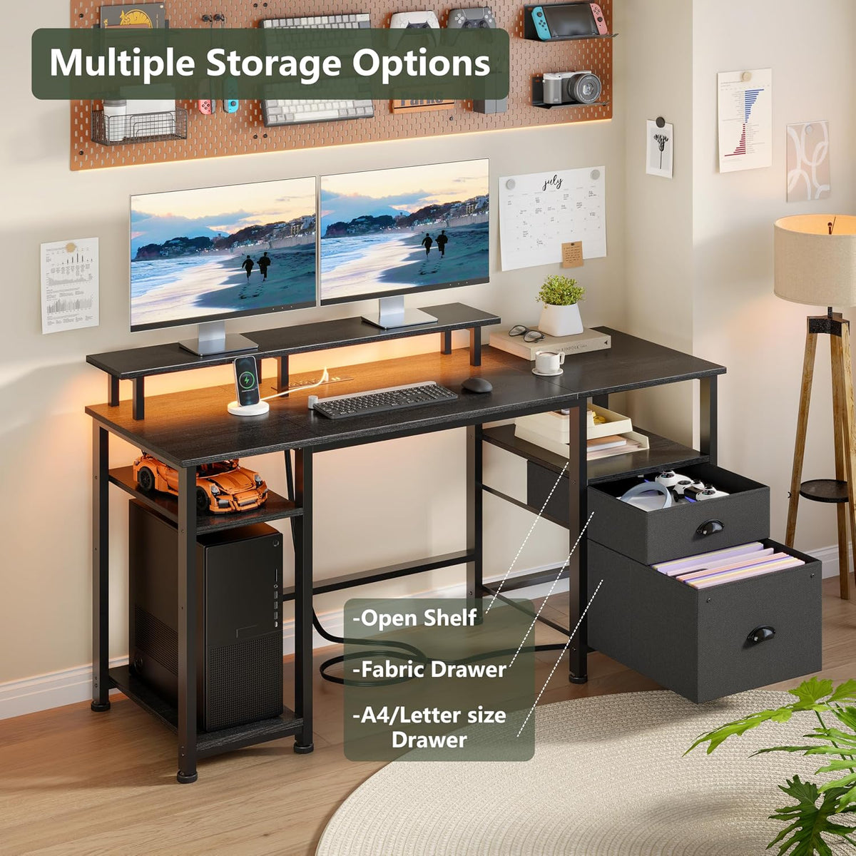 Furologee 51" Gaming Desk with Outlets & LED, Computer Office Desk, ...
