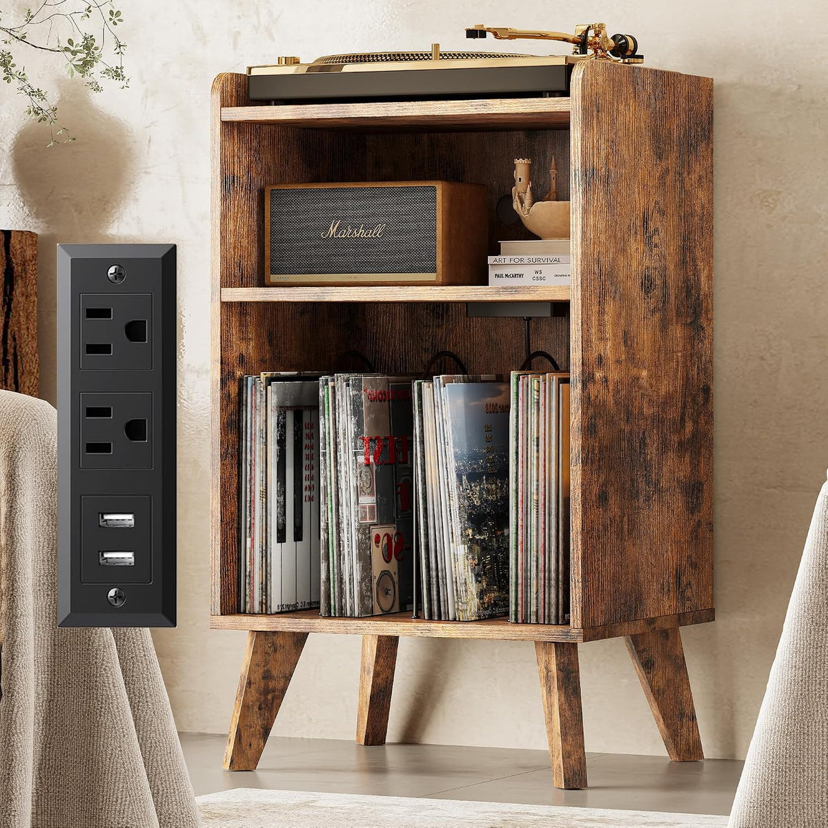 Record Player Stand, Turntable Stand with Record Storage and Charging Station...
