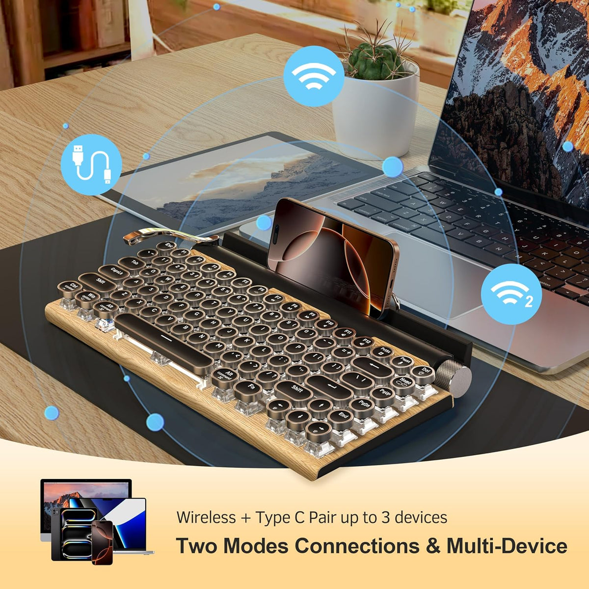 Retro Typewriter Wireless Mechanical Gaming Keyboard, Bluetooth 5.0 Office Co...