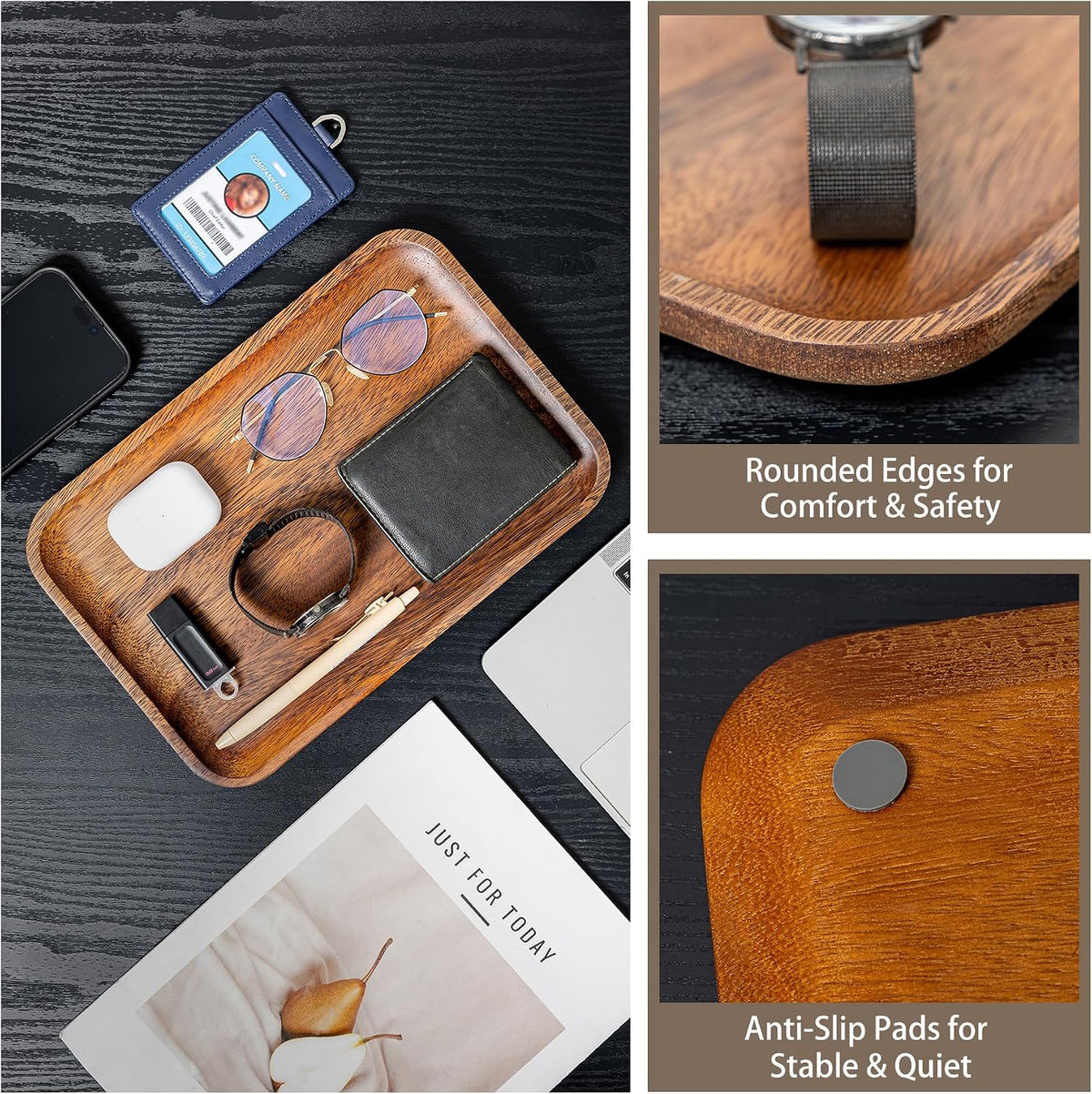 5PCS Serving Acacia Wood Valet Tray for Men Women, Catch All Acacia Mens Key ...