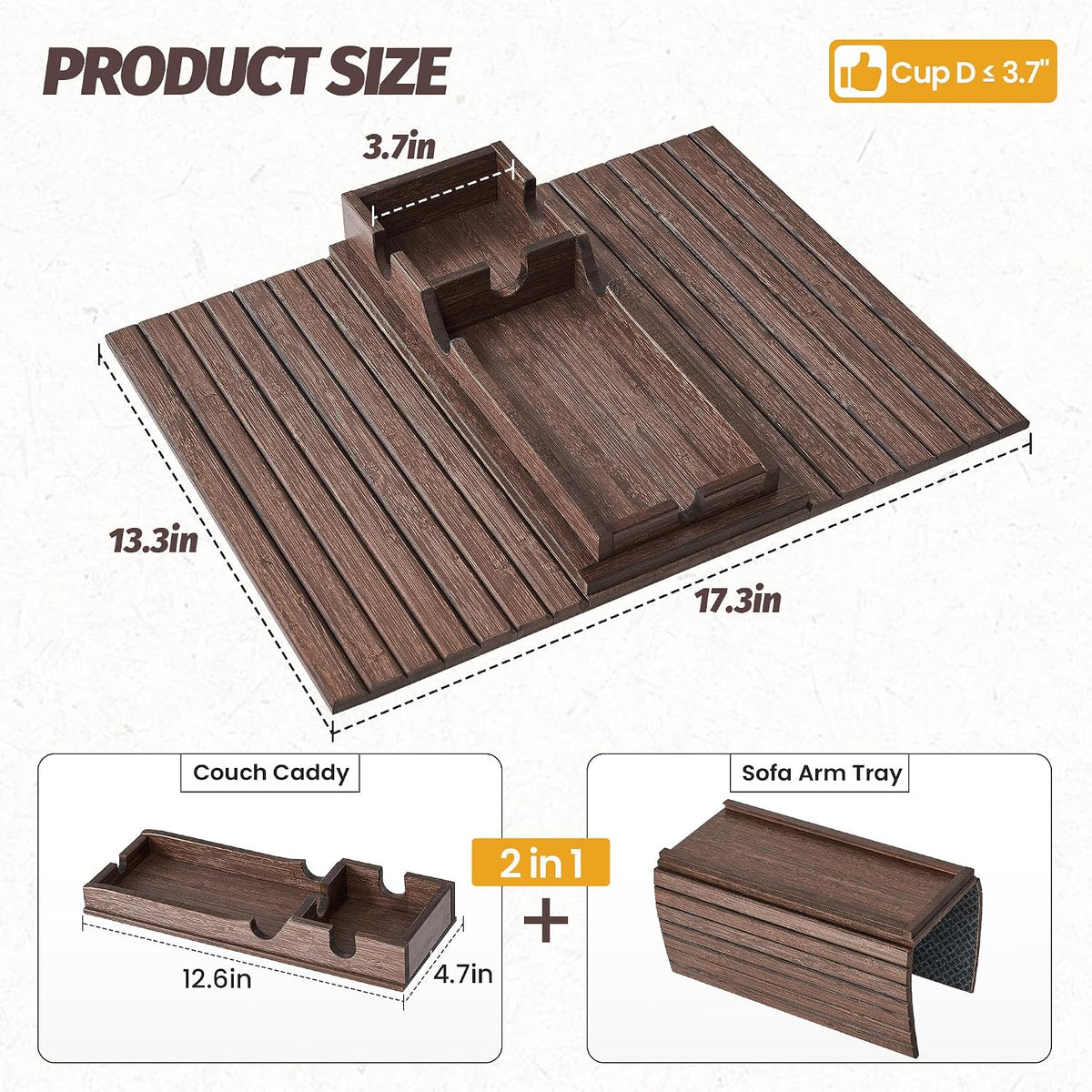 GEHE Detachable Couch Cup Holder, Anti Falling Sofa Arm Tray, Natural Bamboo ...