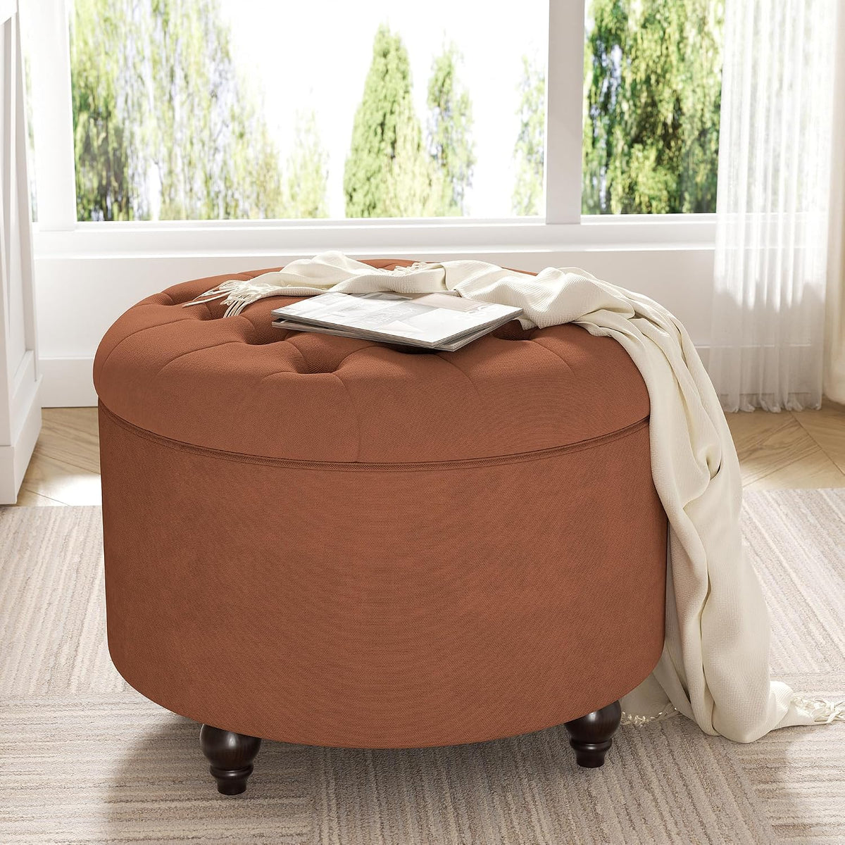 24 Inch Round Storage Ottoman,Modern Tufted Ottomans,Circular Coffee Table wi...