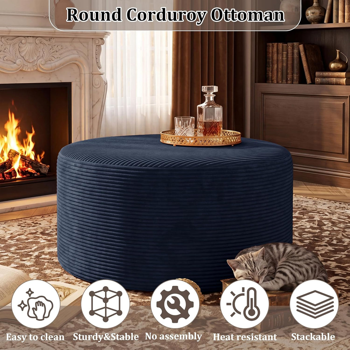 BSHOMGI Coffee Table Round Ottoman, Oversized Footrest for Couch with Removab...