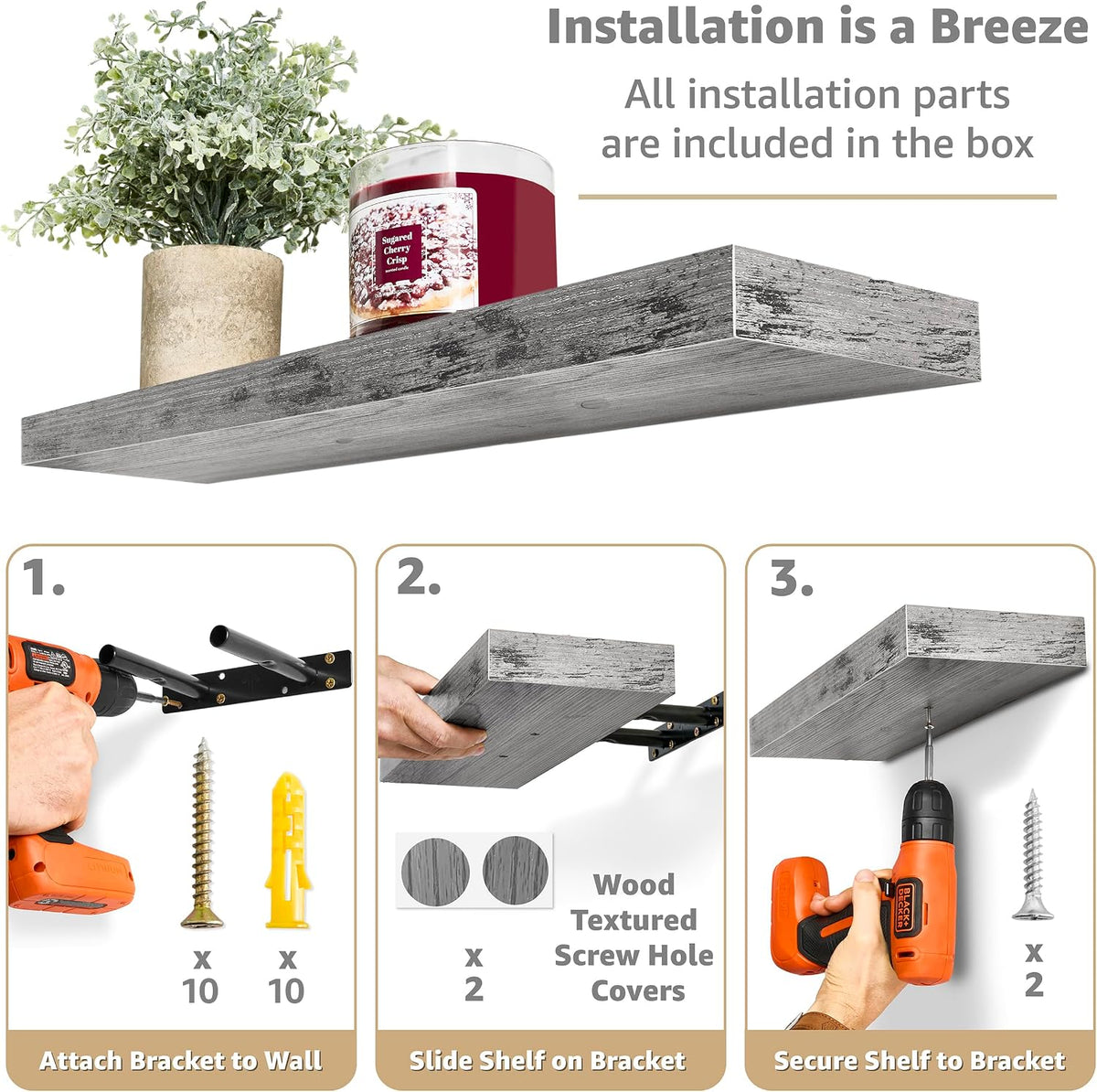 Sorbus Floating Shelves for Wall, Wood Wall Storage (4 Pack, Gray)