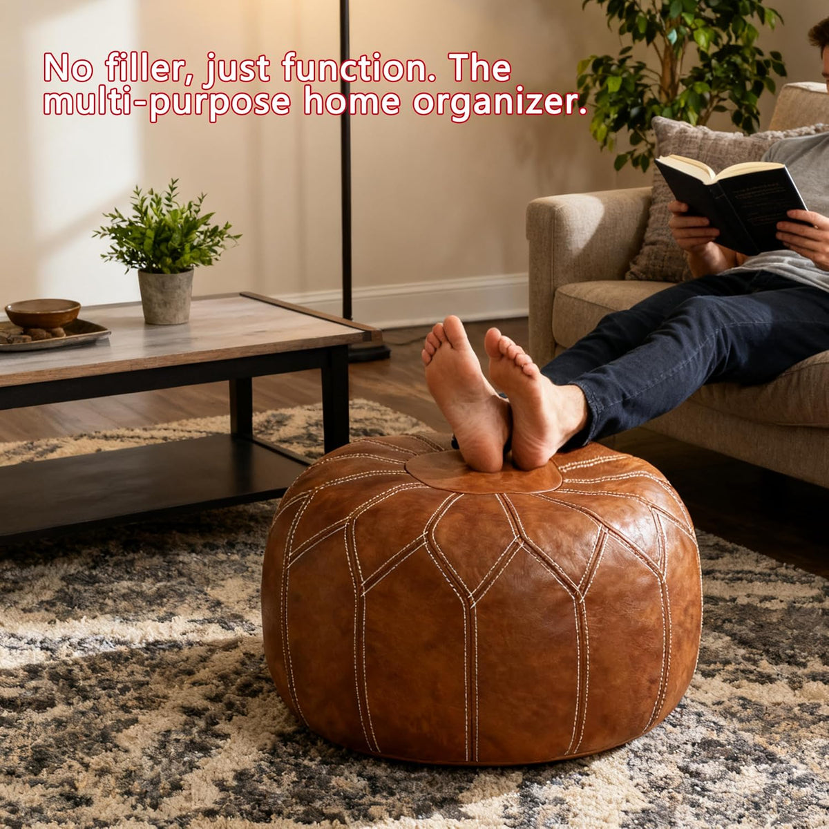 Thgonwid Unstuffed Moroccan Faux Leather Pouf Ottoman Cover with Storage - Bo...