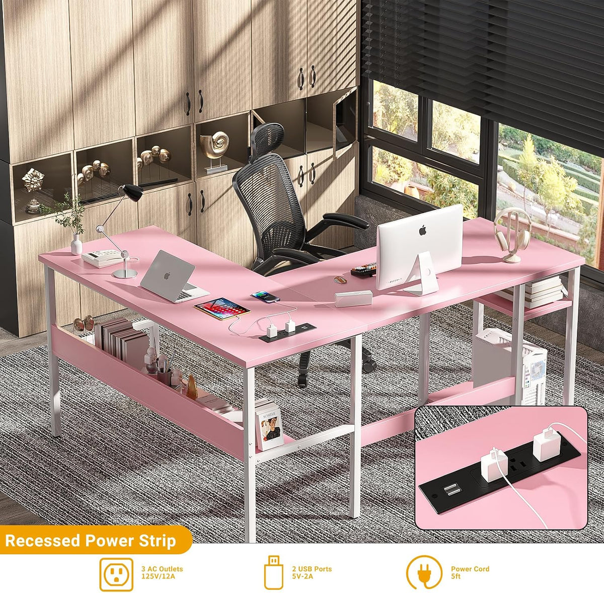 Unikito Reversible L Shaped Desk with Magic Power Outlets and USB Charging Po...