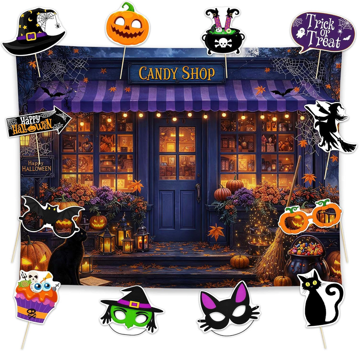 Allenjoy 96" x 72" Halloween Candy Shop Photography Backdrop with P...