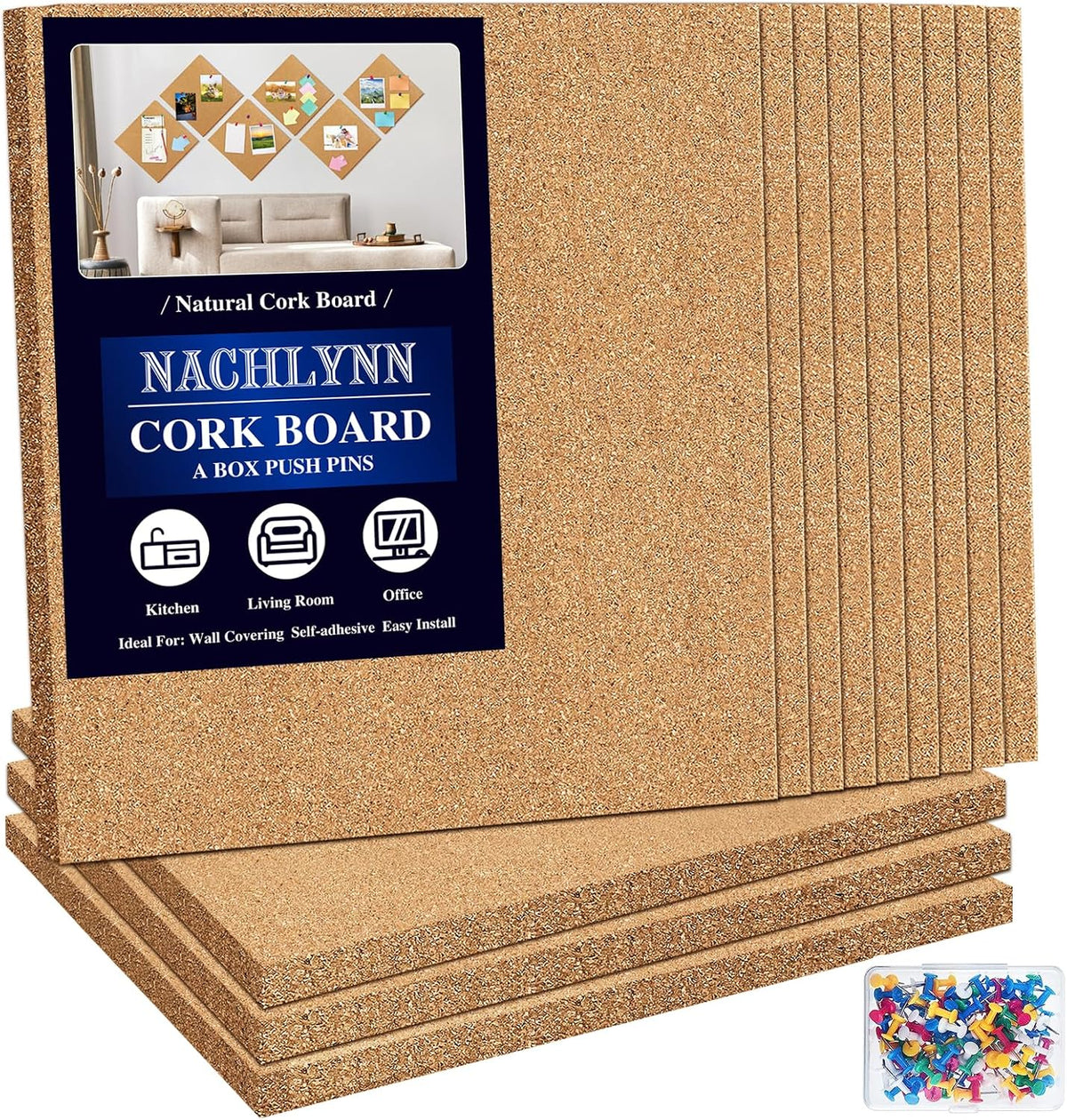 NACHLYNN Cork Board 12 Pack 12 x 12 Self-Adhesive Corkboards for Wall Square ...