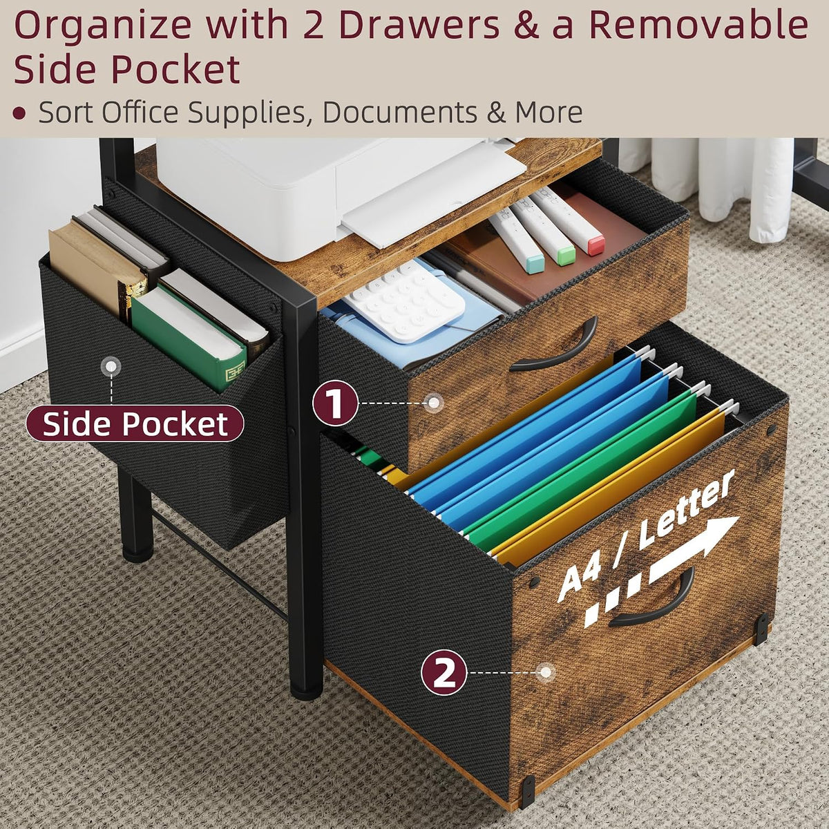 HIGDBFE File Cabinet with 2 Fabric Drawers and Printer Stand, Rustic Brown
