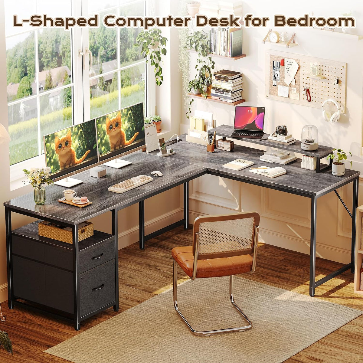 PRAISUN 63 Inch L Shaped Desk with Power Outlets and USB-C Port, Computer Cor...