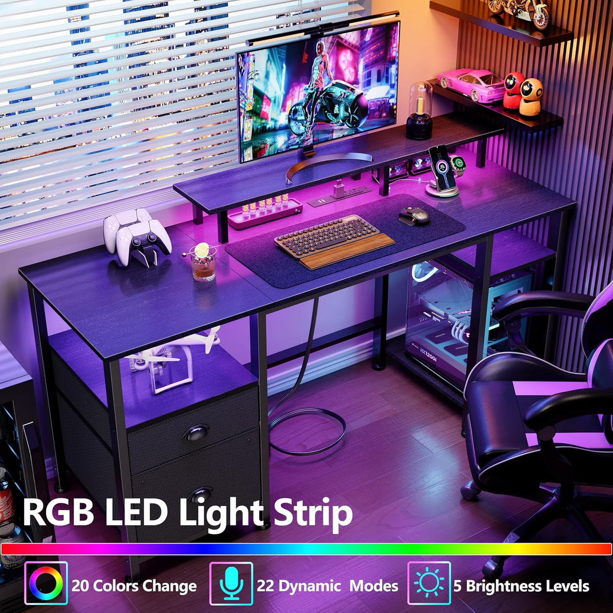 Furologee 51" Gaming Desk with Outlets & LED, Computer Office Desk, ...
