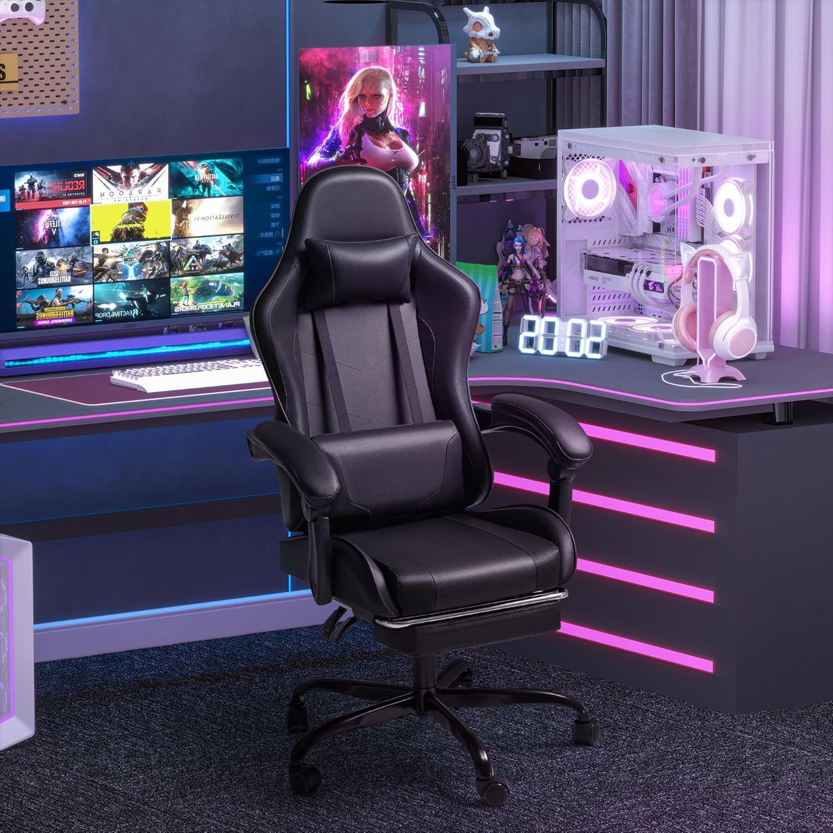 Homall Gaming Chair, Ergonomic, Footrest & Massage Lumbar Support, Black