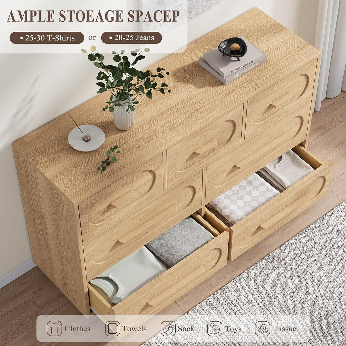 7 Drawer Dresser for Bedroom, Natural Oak