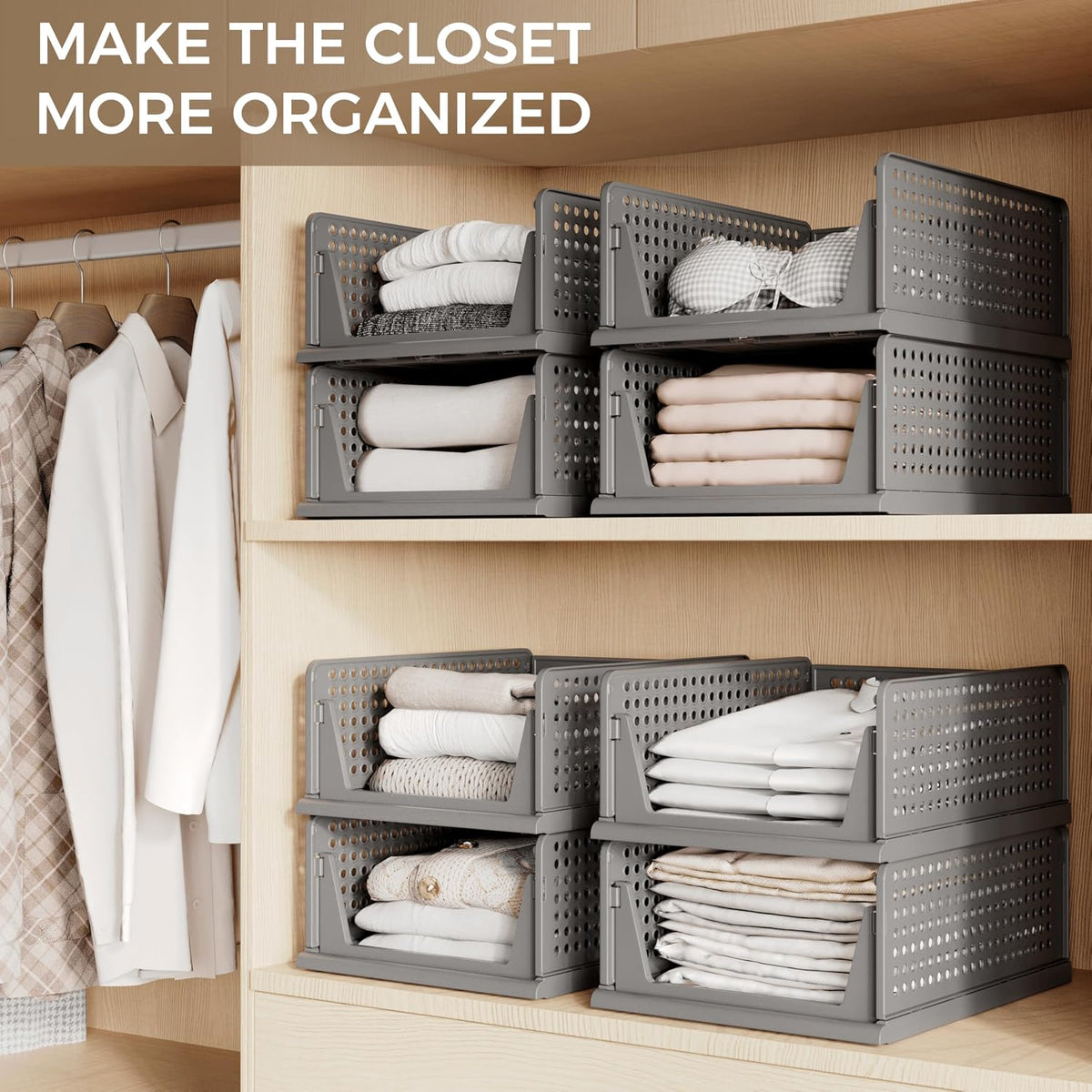 Pinkpum 6 Pack Closet Organizer Storage Bins Stackable Plastic Drawer Shelf