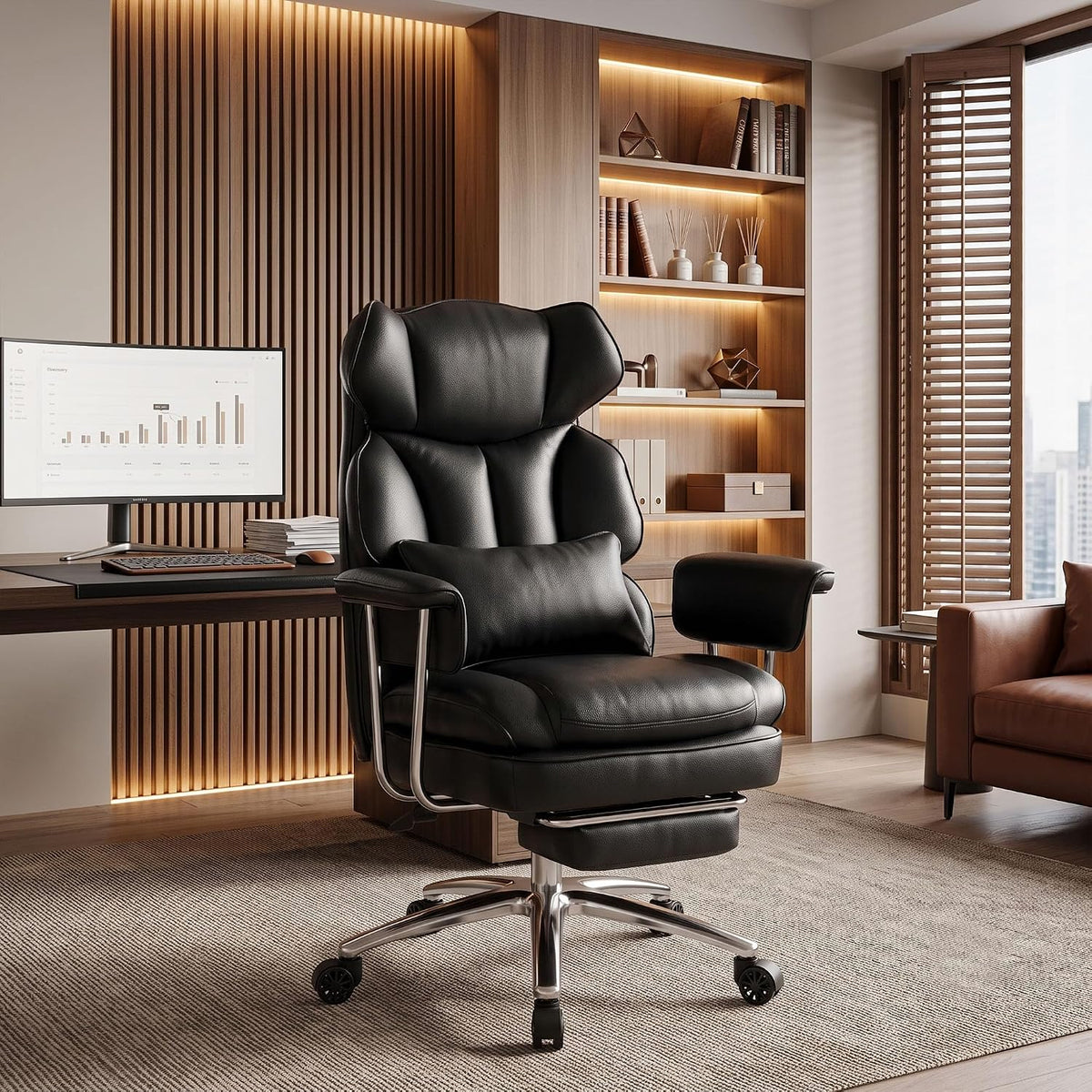 Big and Tall Office Chair, Ergonomic Leather Recliner Computer Chair, Black