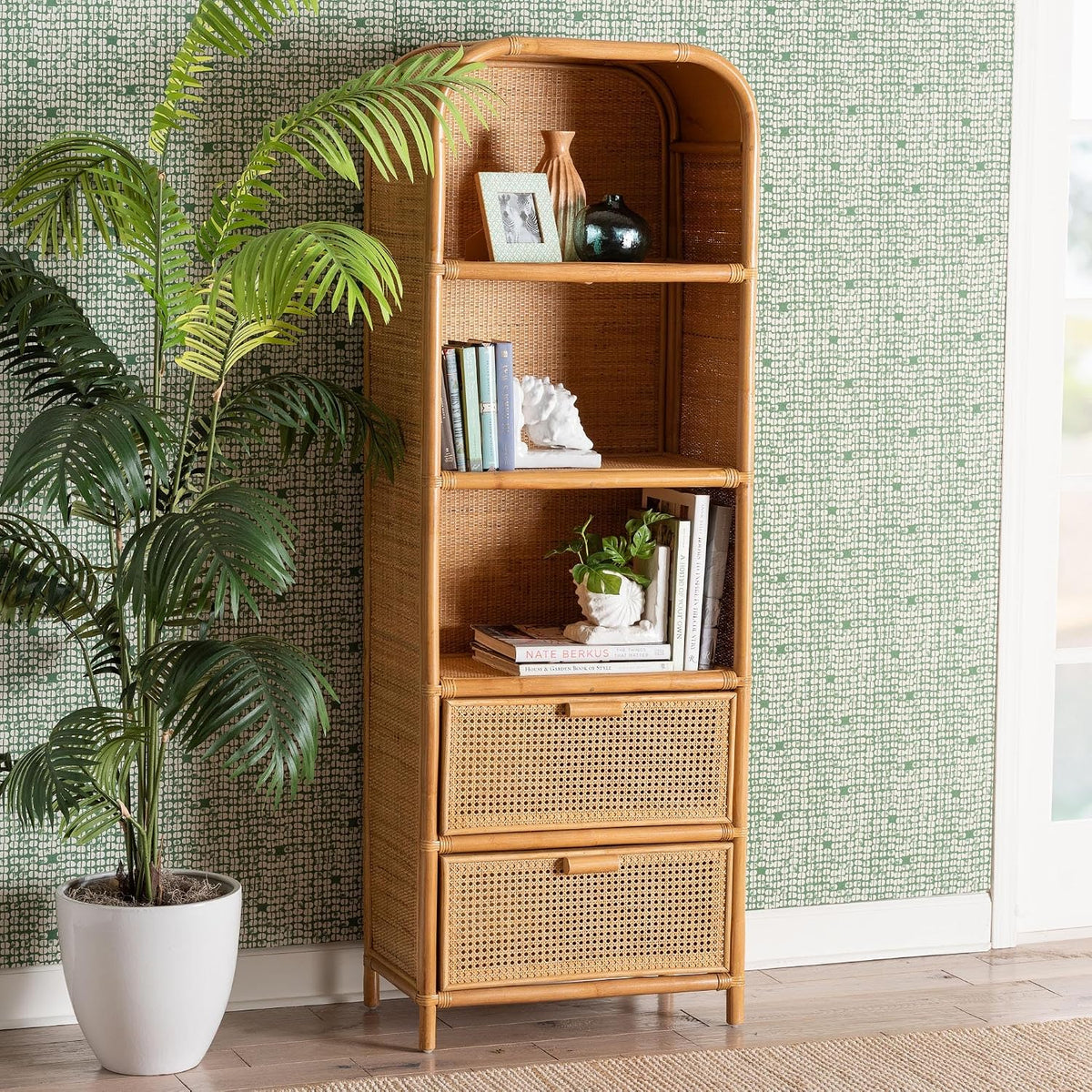Bali & pari Curacao Modern Bohemian Light Honey Rattan 2-Drawer Bookcase
