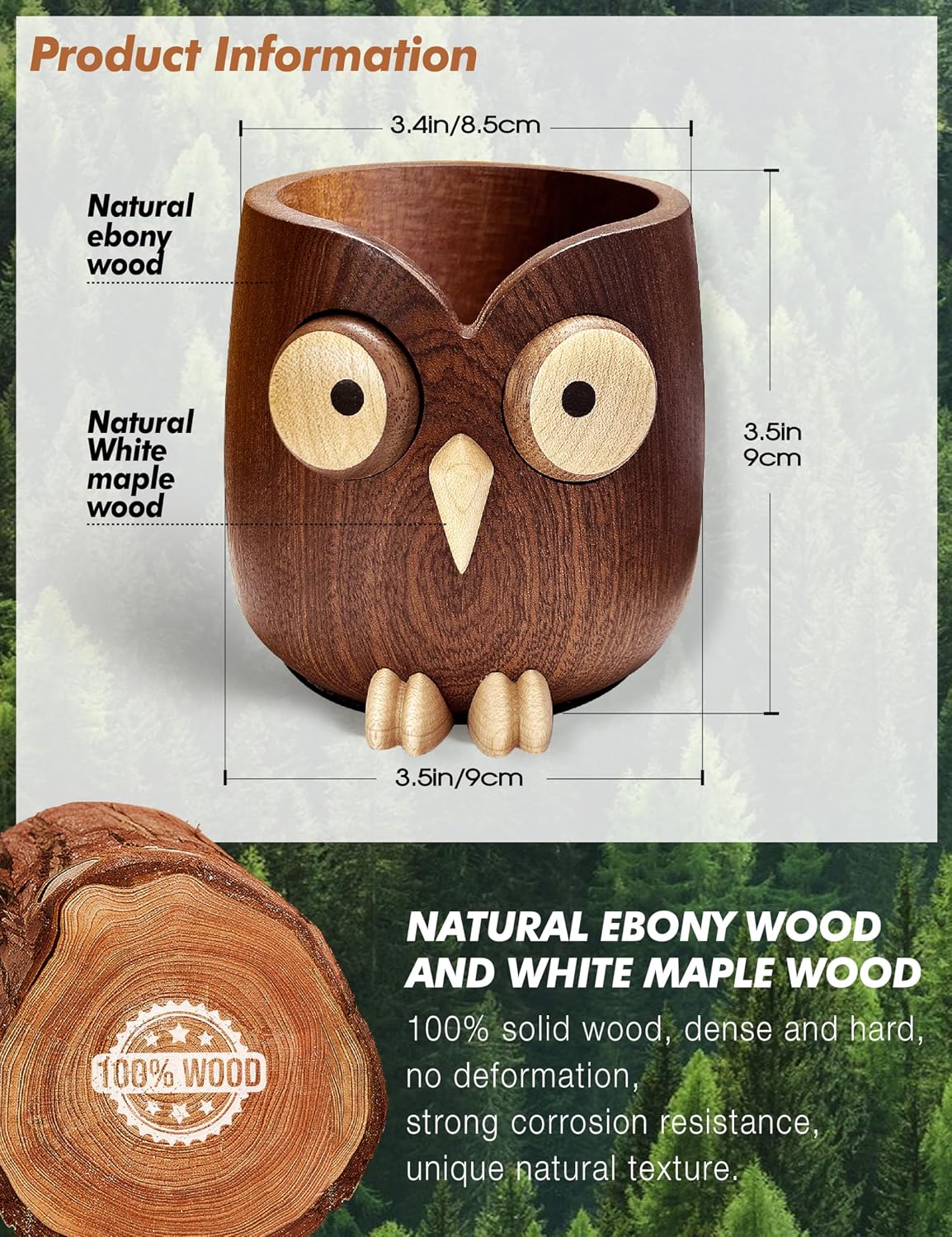 Solid Wood Owl Pen Holder for Desk with Adjustable Expressions, Funny Pencil ...