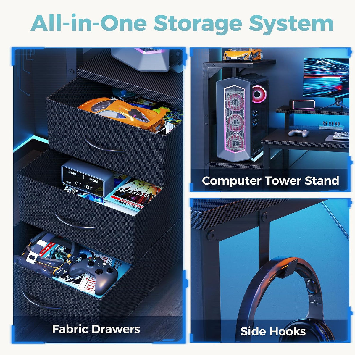 OLIXIS 59" Computer Desk with 3 Storage Drawers, Power Outlets, LED