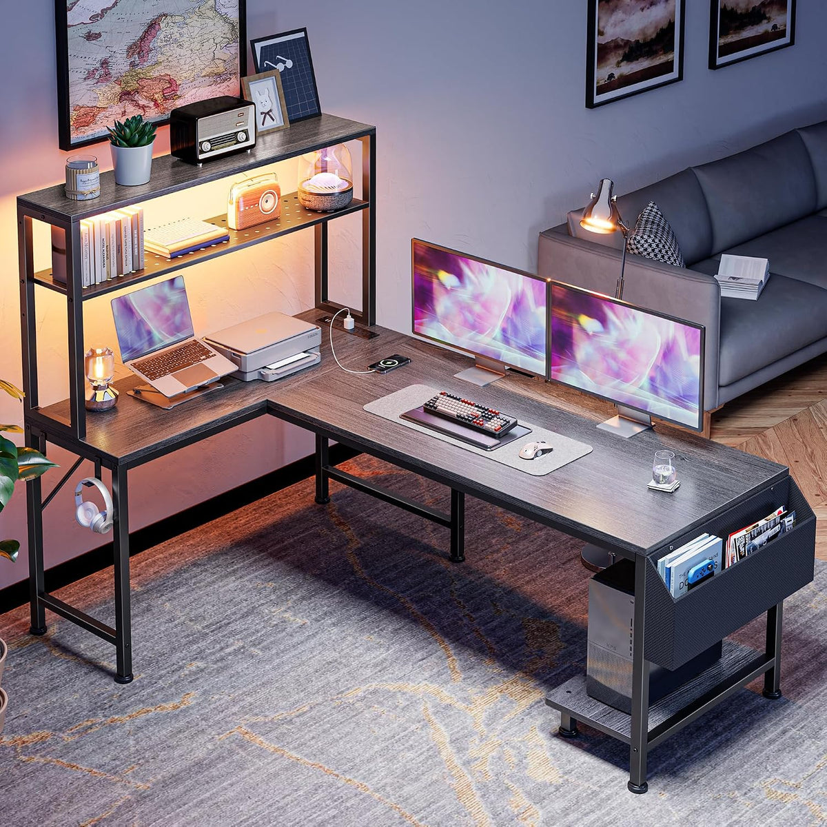PRAISUN L Shaped Gaming Desk with LED Lights & Power Outlets