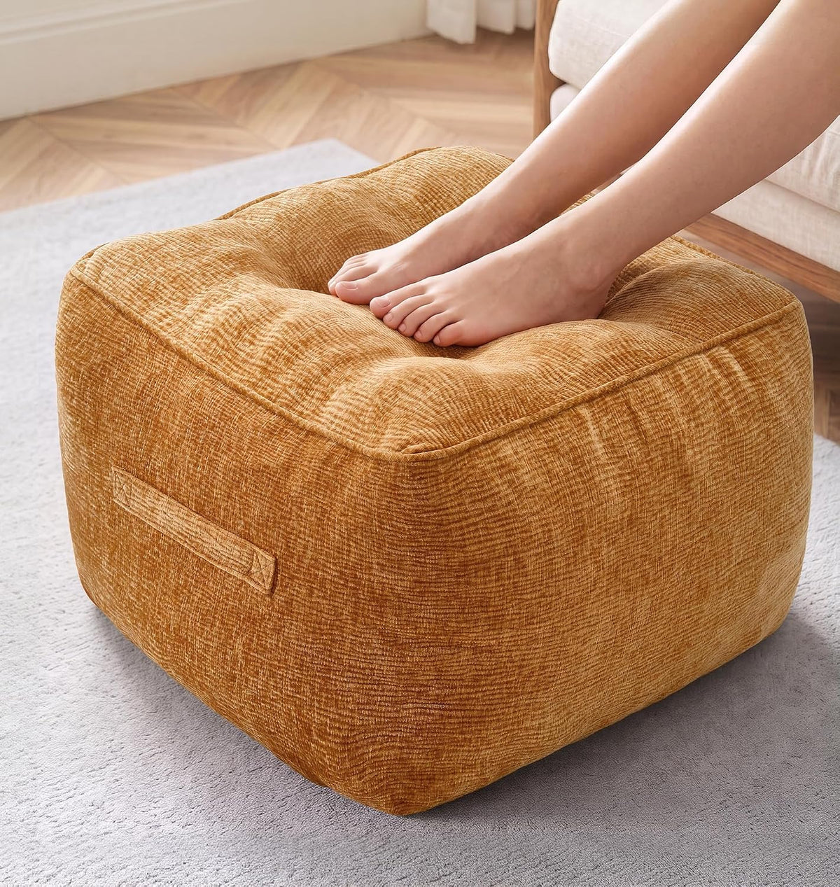 Hobestluk Pouf Ottoman Foot Rest Chenille Square Small Ottoman, Brown