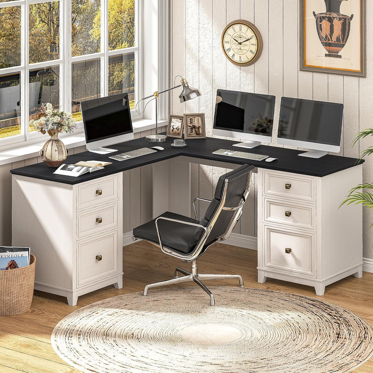 59'' Farmhouse L Shaped Desk with 6 Drawers, Large Rustic L Shaped Ex...