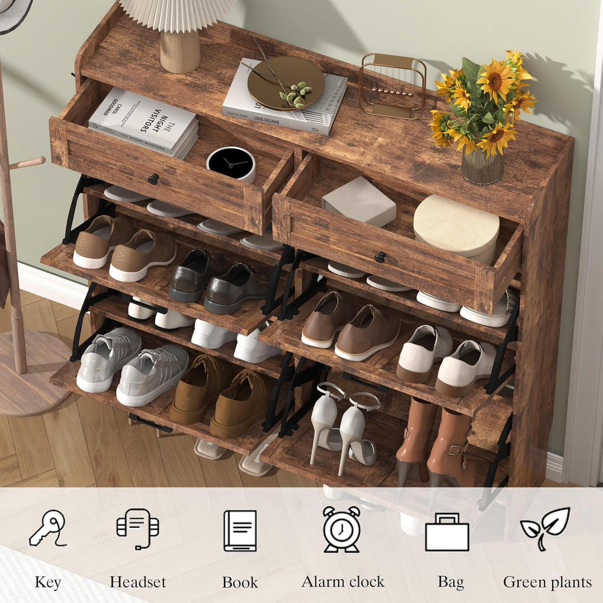 Thacuok Shoe Cabinet with 4 Flip Drawers & 2 Storage Drawers, Rustic Farm...