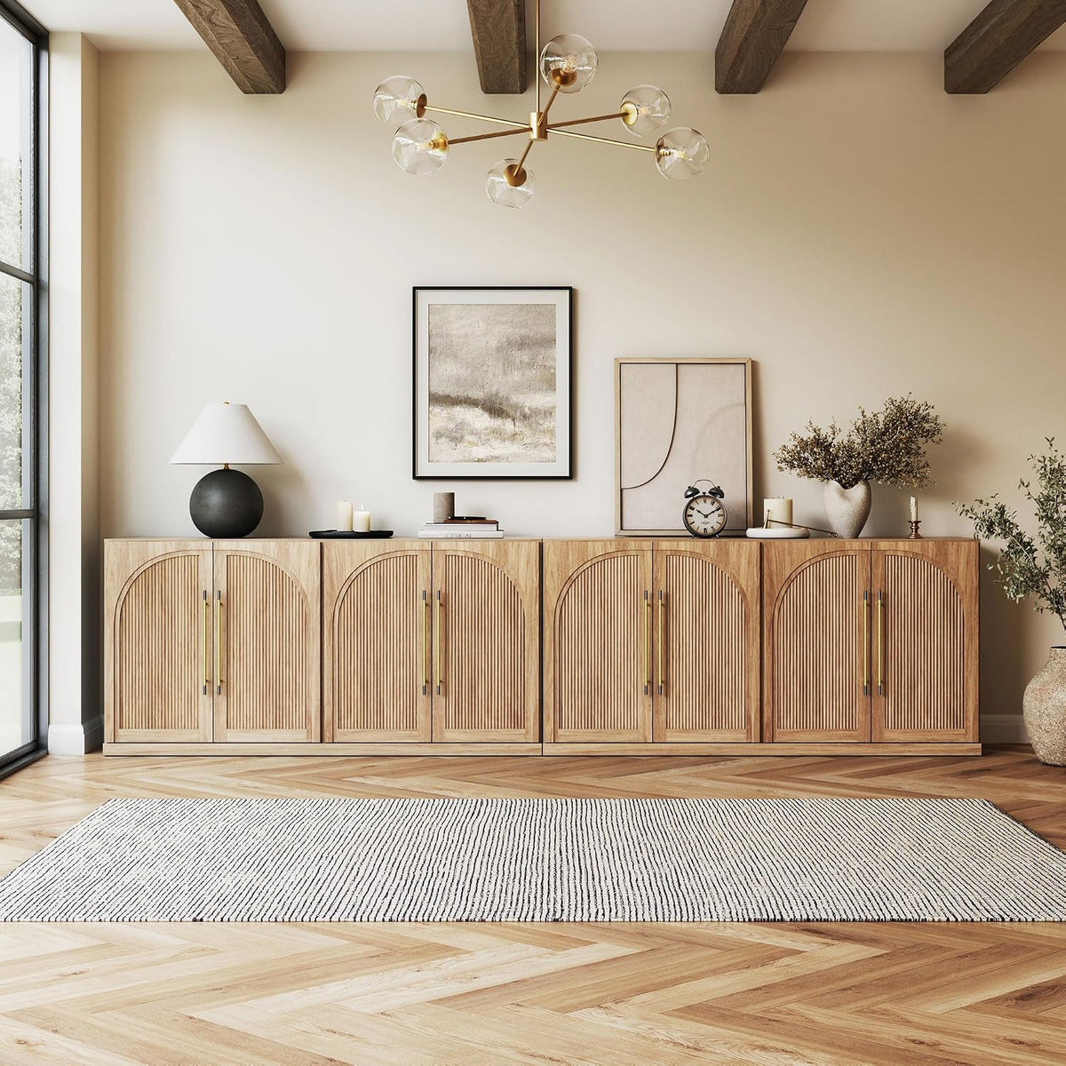 BELLEZE Set of 2 65" Sideboard Cabinet with Double-Arc Wood Doors, Large...