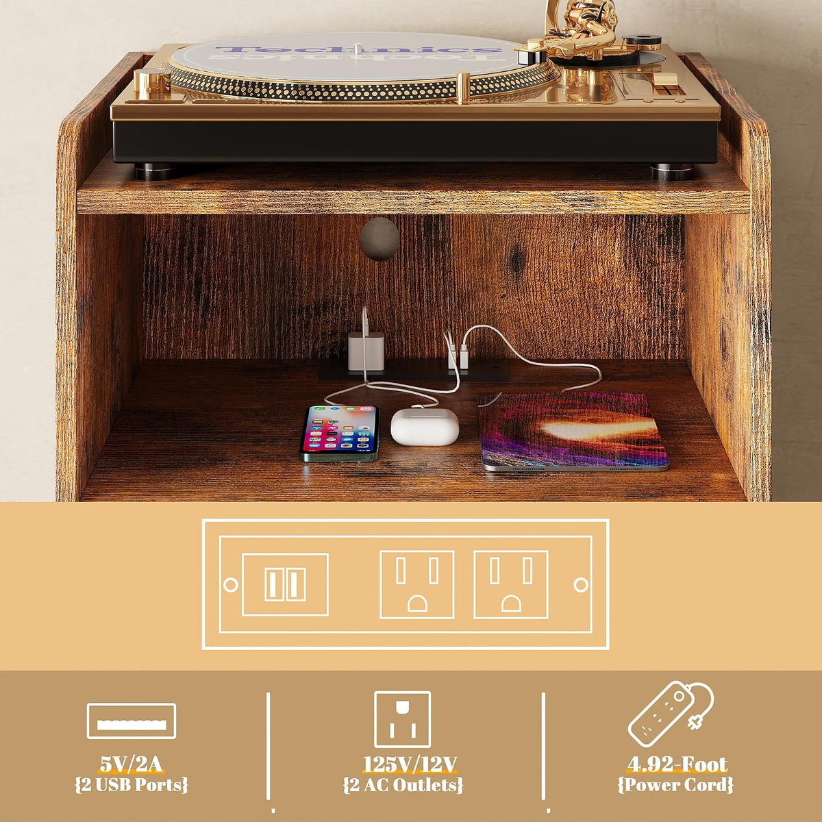 Record Player Stand, Turntable Stand with Record Storage and Charging Station...