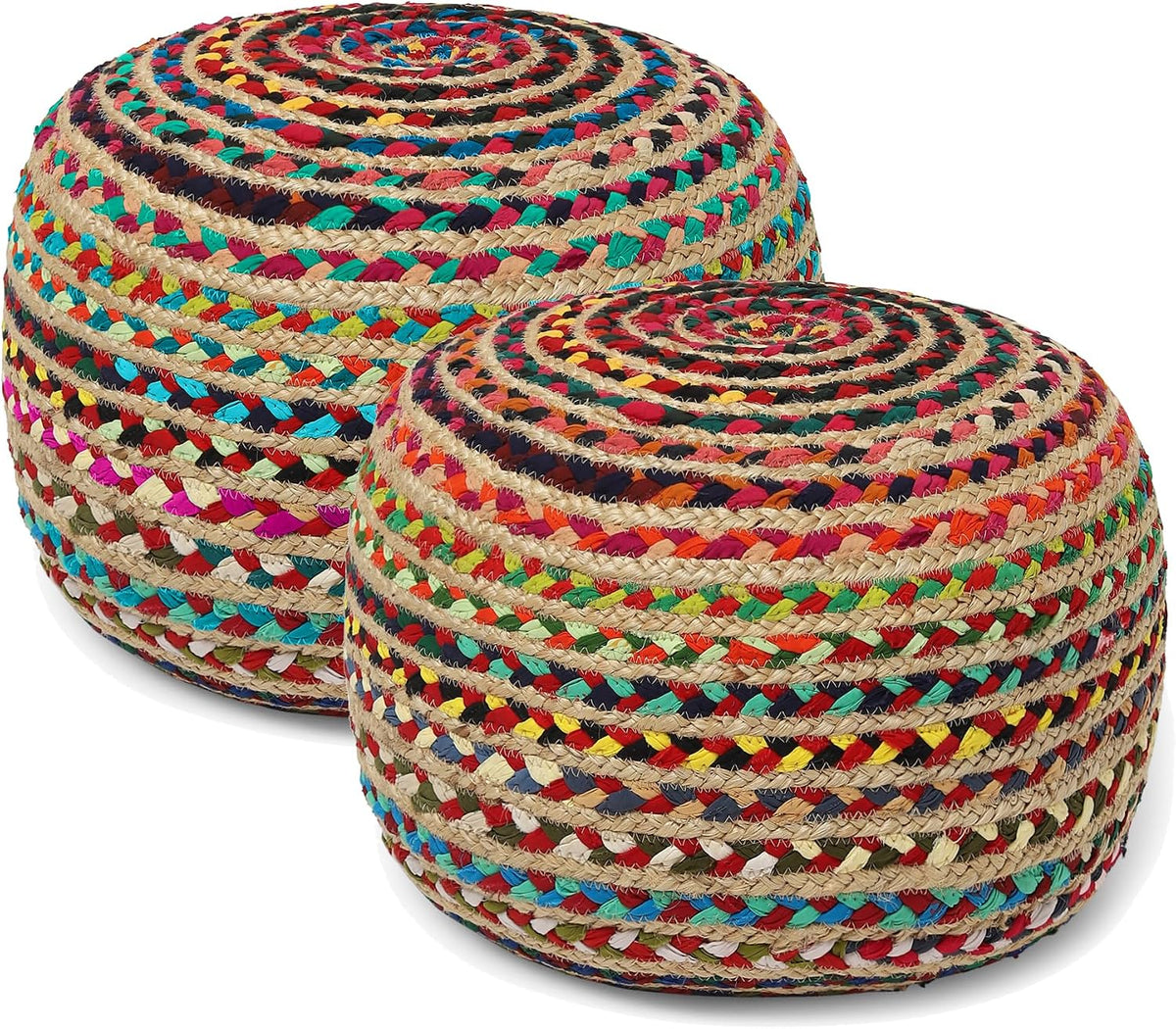 · REDEARTH · Jute Braided Pouf - Circular Boho Foot Stool - Multi, Set of 2