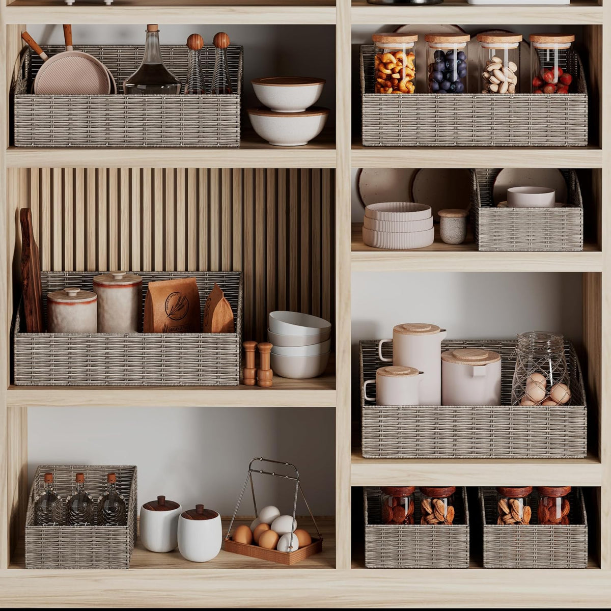 Pantry Baskets Organization, Wicker Storage Bin Shelf Grey